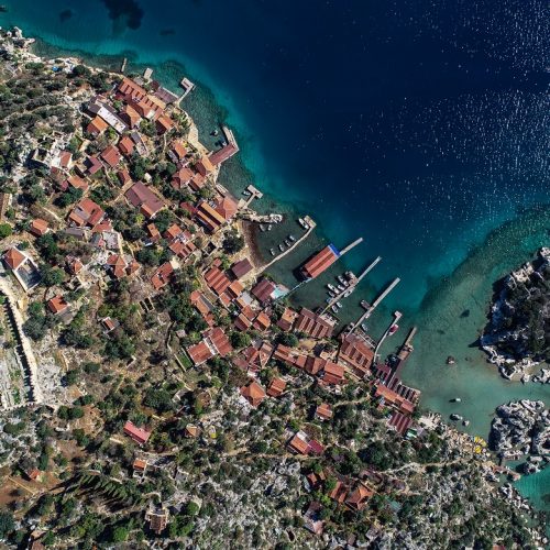 Aerial view of Kekova bay, clear turquoise water and Kekova castle. Mediterranean sea.